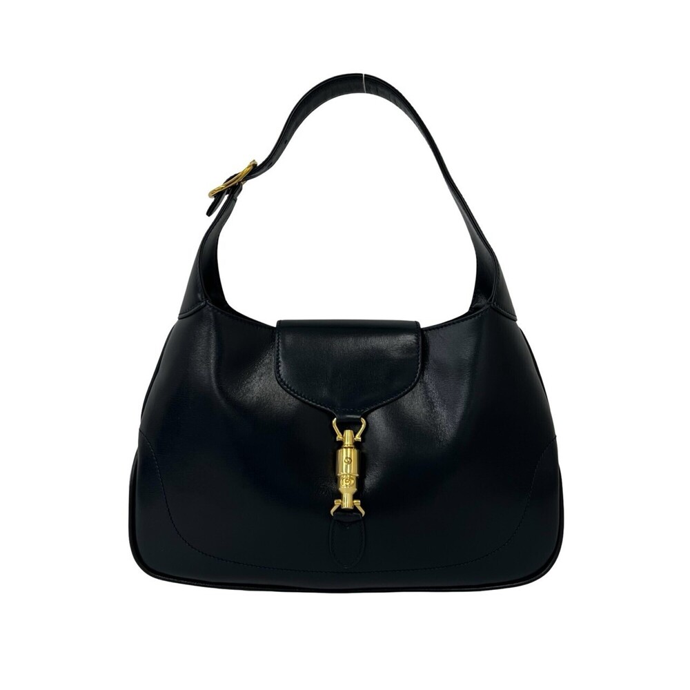 GUCCI Old Gucci Jackie Logo Hardware Leather Semi One-Shoulder Bag Handbag Bl...